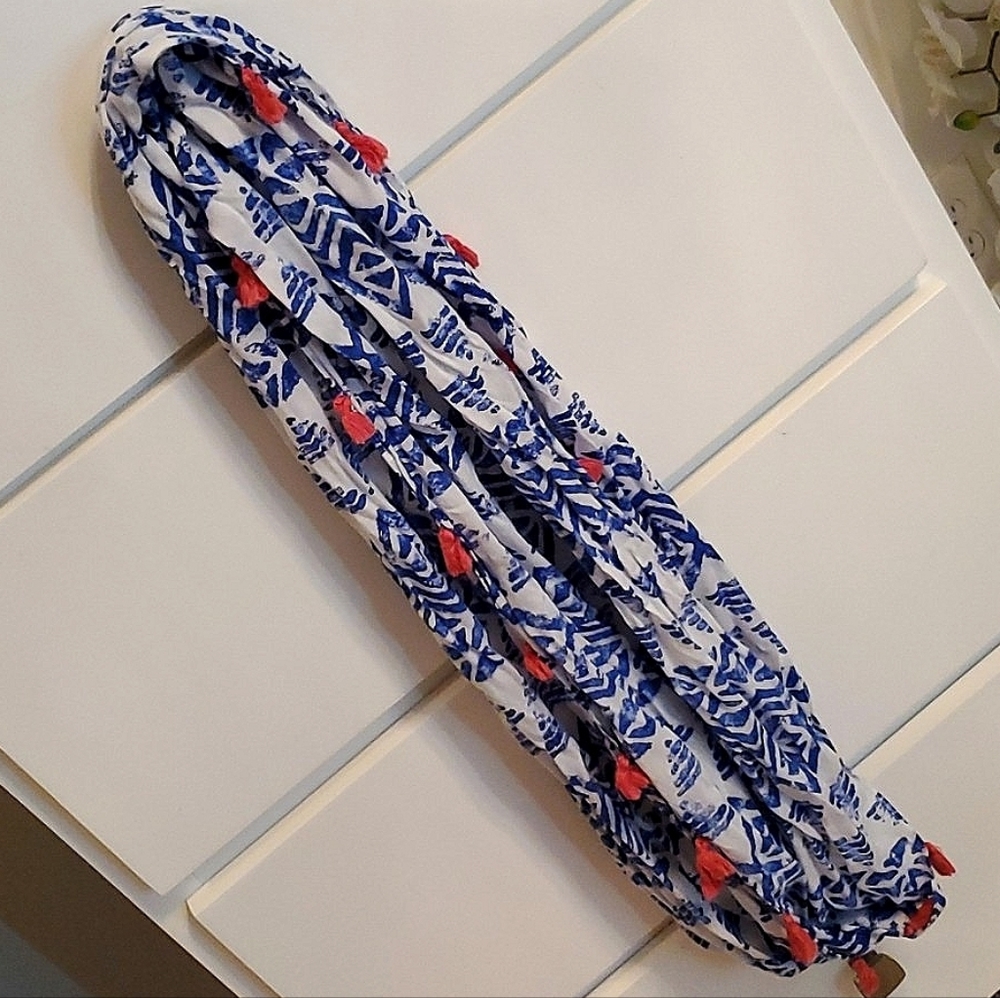 J. Crew Blue and Coral Tassel Infinity Scarf - Picture 4 of 6